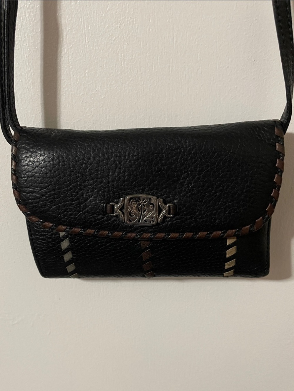 Vintage Brighton Black Leather Crossbody with Brown Trim and Silver Accent